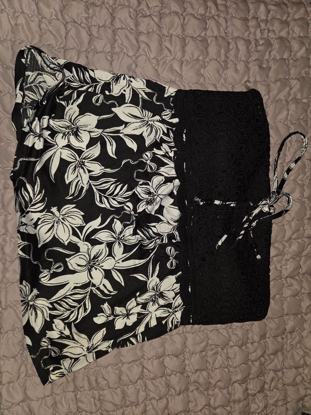 Black and White Floral Beach Shorts with Crochet Waist